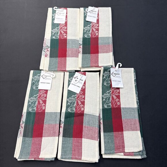 unbranded Other - Kitchen Towels Green Red Tartan Plaid Bells Holly Waffle 100% Cotton NWT 5 Set